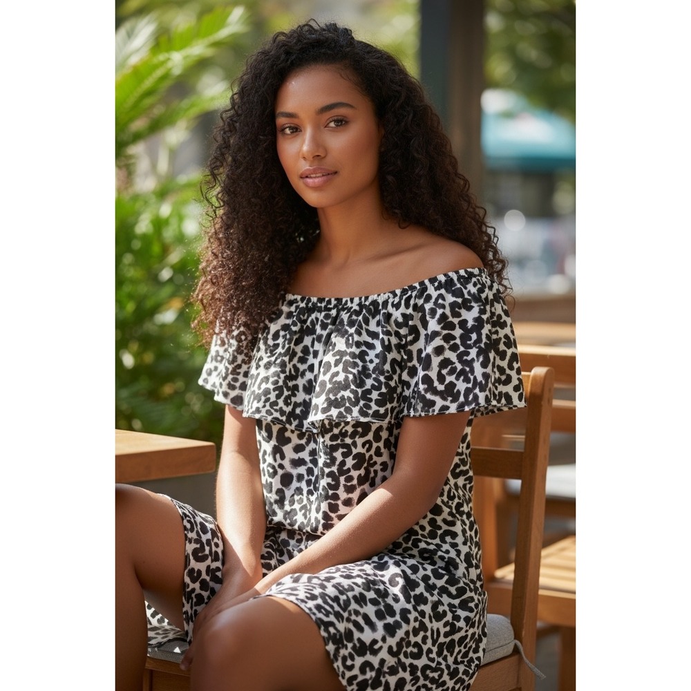 Sanctuary Leopard Animal‎ Print L Off The Shoulder Misha Mini Dress Women Lined